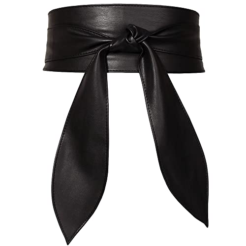 Women Obi Belt Bow Tie Wrap Wide Waistband Faux Leather Wide Cinch Belt for Dresses - Black