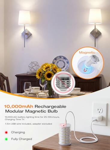 Image of CLOUDY BAY 10000mAh Battery Operated Wall Sconces,Up to 100 Hours with Rechargeable RGB Dimmable Magnetic Bulb,Cordless Wall Lighting Fixtures with Remote for Bedroom,Brushed Nickel,2 Pack-18inch