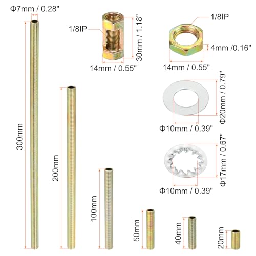 Image of PATIKIL 1 /8IP Thread 6 Size Lamp Pipe Kit with Lock Nuts Washers, 1 Set Fasteners Assortment Hardware for Chandelier Ceiling Light DIY, Zinc Plating