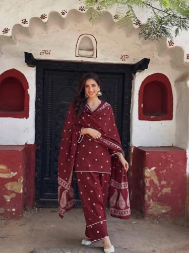Image of ANNI DESIGNER Farshi Salwar Suit for Women | Cotton Blend Printed Straight Kurta with Dupatta | Farsi Farasi Parsi Ethnic Indian Office Party Wedding Clothing Fashion Premium Traditional Look 3 Piece