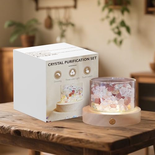 Lamptobe Heilsteine Kristalle Lampe mit Holzsockel, Chakra Naturstein Edelsteine Set, Heilsteine Steine farbwechselndes dimmbares Licht für Kristalltherapie, Meditation, Stressabbau, Reiki, Yoga