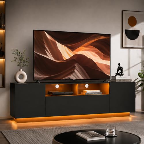 WLIVE LED TV Stand for 55/60/65 Inch TVs, Modern Entertainment Center with Storage Cabinets and Drawer, Gaming Media TV Console with RGB Lights for Living Room, Black