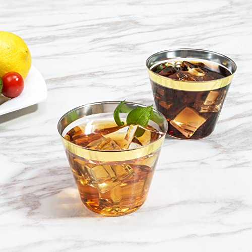 Gold Rimmed Plastic Cups - 100 Pack 9 Oz Clear Disposable Party Cups for Wedding, Reusable Elegant Wine Glasses, Cocktail Cups