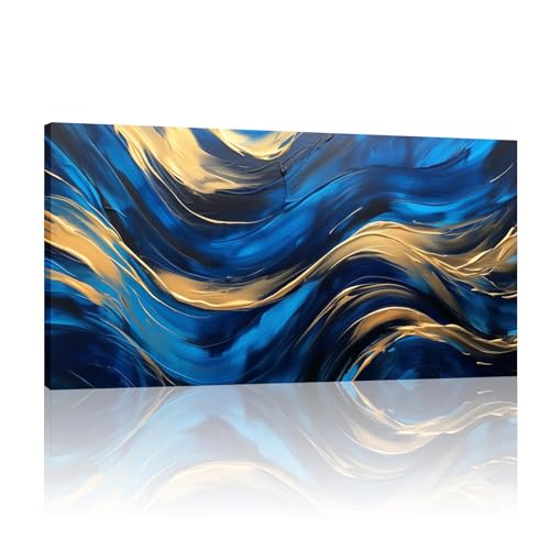 Peinture abstraite bleue grand art mural en marbre | Toile dorée 80 x 160 cm