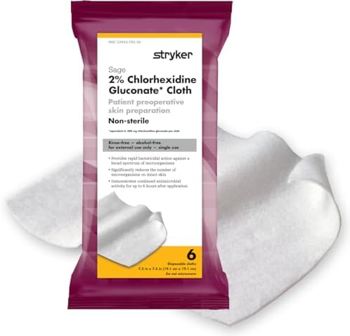 Stryker - Sage 2% Chlorhexidine Gluconate (CHG) Cloths โ 1 Package, 6 Cloths โ Rinse-free Antiseptic Preoperative Skin Preparation