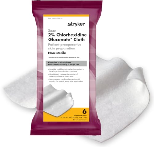 Stryker - Sage 2% Chlorhexidine Gluconate (CHG) Cloths – 1 Package, 6 Cloths – Rinse-free Antiseptic Preoperative Skin Preparation