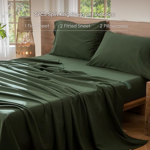 Image of MooMee Bedding Sheet Set 100% Washed Cotton Linen Like Textured Breathable Durable Soft Comfy (Solid Forest Green, Split King)