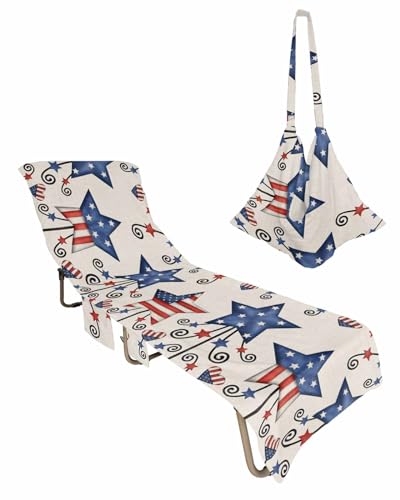 4th of July Beach Lounge Chair Towel Cover, Soft Chaise Lounge Towel with Side Pockets Patio Pool Chairs Cover for Beach/Pool Sunbathing 29x85 Blue Red Star Rustic Independence Day