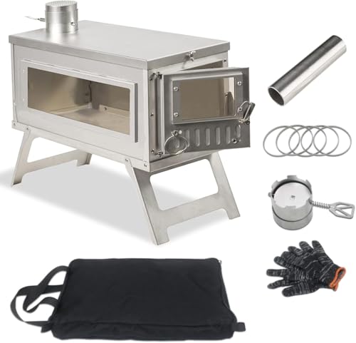Generic Wood Stove Camping Multifunctional Folding Stove 304 Stainless Steel Camping Tent Inside Heating Camping Wilderness Survival Outdoor Barbecue (Glass)