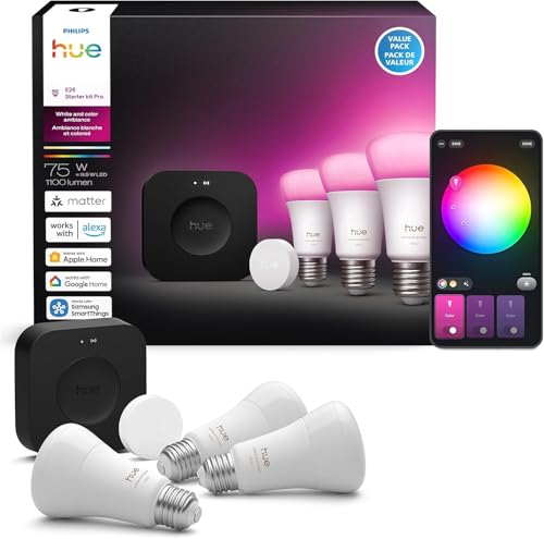 Philips Hue Starter Kit: Bridge Pro + 3 A19 E26 Smart Bulbs + Button, White & Color Ambiance, Smart Light Hub, Works with Apple Home, Alexa, Google, Samsung SmartThings