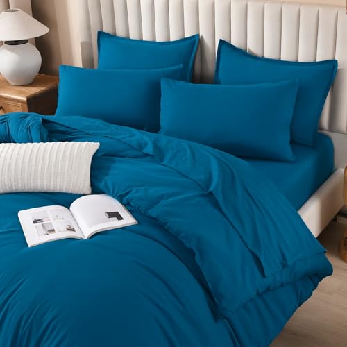 Image of Litanika Comforter Queen Size Set Teal - 7 Pieces Bed in a Bag Queen Bedding Comforter Sets, Plain Lightweight Bed Set with Comforter, Sheets, Pillowcases & Shams