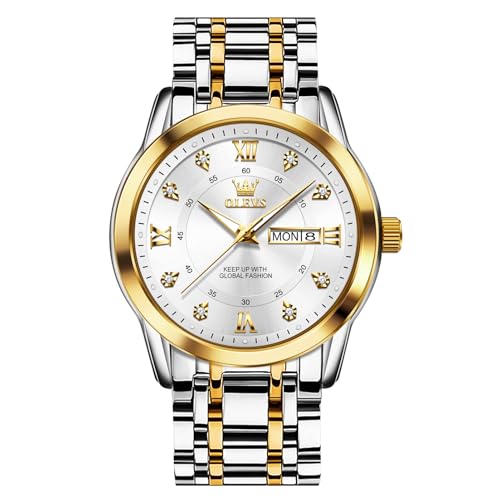 Image of OLEVS White Face Watches for Men Gold Silver Two Tone Stainless Steel Analog Men