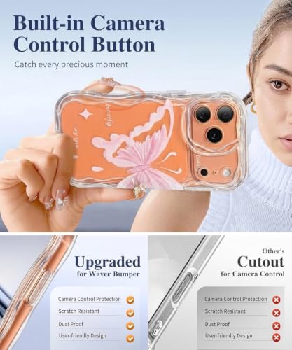 Image of VONZEE Cute Pink Butterfly Transparent Back Cover for iPhone 17 Pro Max | Clear Shockproof TPU Protective Case | Slim Anti-Yellowing Crystal Clear Phone Cover for Girls and Women