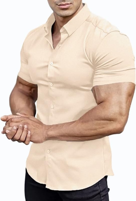 Men’s Muscle Fit Dress Shirts Athletic Slim Fit Short Sleeve Stretch Casual Button Down Shirt - Image 2