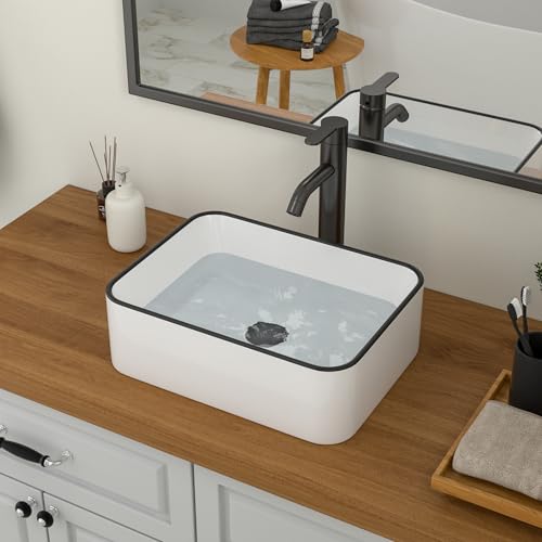 16‘’ Drop in Bathroom Sink 16x12 White Small Vessel Sink with Faucet and Pop-up Drain Combo for Bathroom Rectangular Porcelain Ceramic Above Counter Countertop Vanity Sink