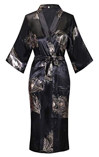 VIKEY Women Long Satin Bathrobe Floral Kimono Nightgown Sleepwear Cardigan Cover Up, Gold Black L