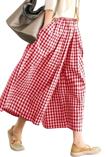 Image of chouyatou Women's Cotton Linen Pants Elastic Waist Plaid Gingham Wide Leg Capri Palazzo Pants