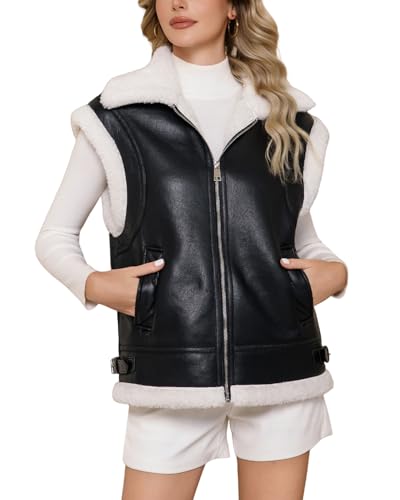 DIASHINY Women's Fur Leather Vest Fur Lined Warm Sherpa Vest