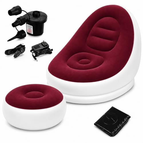 Image of Inflatable Lounge Chair for Adults with Ottoman, Foldable Air Sofa Couch, Portable Blow Up Chair for Living Room Bedroom, Comfortable Indoor Seating, 150 kg Capacity (Maroon)