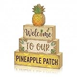 4 Pcs Summer Pineapple Home Decor Welcome Sign Tropical Tiered Tray Decor Summer Kitchen Table Wooden Signs Entryway Shelf Sitter Yellow Fruit Theme Housewarming Home Decorations Gift Set