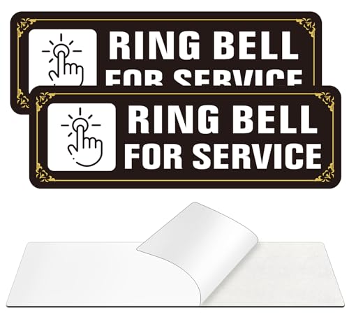 (2 Pack) Ring Bell for Service Sign, Self Adhesive Please Ring Bell for Assistance Sign, Rust Free Aluminum Metal Sticker Signs for Wall and Door (9 x 3 inches, Black/White)