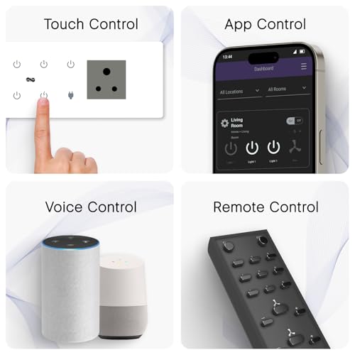 Image of IOTICS Smart Wifi Switch Board: 5 x Switch, 1 Fan & 1 x Smart Plug Module. Touch Control, Remote, App Control. Voice Control with Alexa & Assistant. Smart Touch Switch For Home Automation (White)