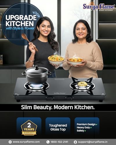 Image of Surya Flame Creta Gas Stove 2 Burners Glass Top | Tri-pin Brass Burner | 2 Burner Gas Stove, Stove 2 Burner, Manual Ignition, Ultra Slim Design with Toughened Glass Top, Removable Drip Tray