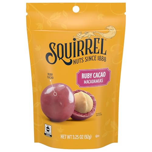 Squirrel Brand Ruby Cacao Macadamias, 3.25 Ounces, Resealable Bag, Gluten Free, Kosher, Snacks for Adults and Kids, Fair Trade Certified Cocoa