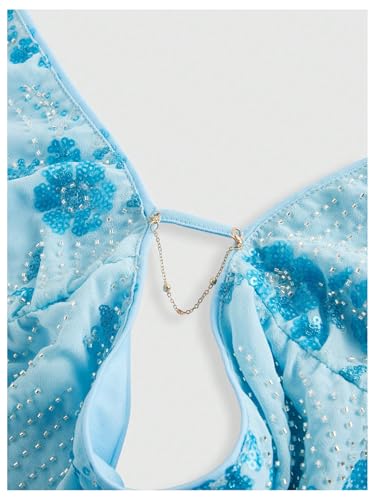 MakeMeChic Women's Y2K Summer Party Glitter Sequin Floral Halter Top Draped Tie Back Crop Tops3