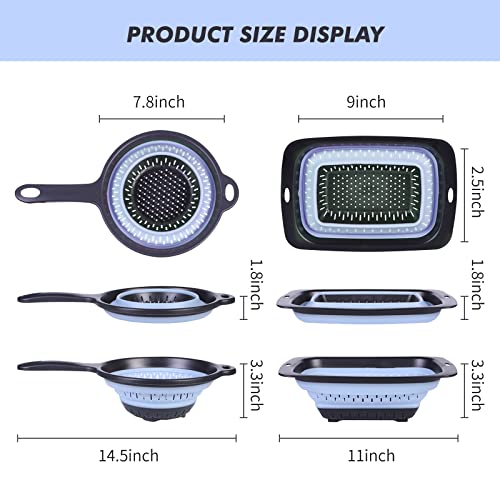 Comuster Set - 2 Collapsible Colanders (Strainers), Sizes 7.8" - 2 Quart And 9" - 3 Quart - Perfect For Your Vegetables, Fruits, Pasta & More - With Handle And Square Folding Colander (Blue ) #TOP1