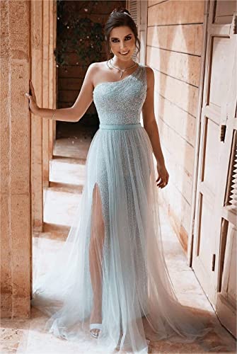 One Shoulder Prom Dresses for Women Long 2025 Sequin Formal Evening Gowns Tulle Wedding Dress4