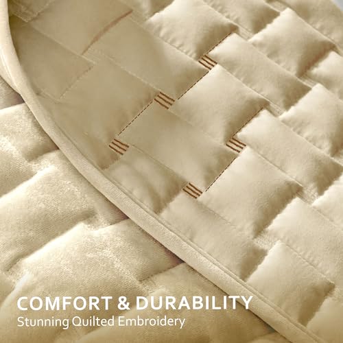 Image of Grassix Velvet Quilt Set King Size, Luxury Geometric Design, Beige | Lightweight Velvet Comforter with 2 Pillow Shams, Soft Bedspread Coverlet, Quilted Bedding Set for All Seasons, 108 inchx96 inch