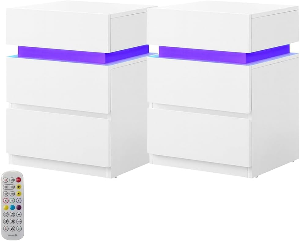 Marctani Mesillas de Noche LED Modernas - Mesita de Noche Blanca con 16 Colores de Luz, 2 Cajones + 1 Cajon Oculto - Mesa de Noche Dormitorio Estrecha con Guardamovil Mesitas de Noche