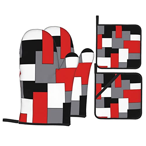 Bokekang Red Black Grey White Oven Mitts And Pot Holders Sets Of 4 Grey Geometric Kitchen Mitts Heat Resistant Oven Gloves Set Red Grey Potholders For Kitchen Baking Grilling Bbq #TOP4