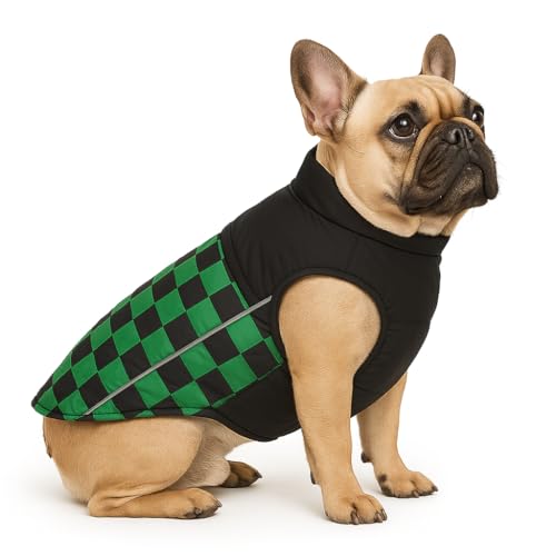 Image of The Pets Company Dog Winter Coat Jacket, Cloth, Windproof, Waterproof, Light Weight, Washable, Ultra Warm Thick Fleece Lined Dog Vest for Cold Weather Protection, (Green Check, Small-Medium-16 Inch)