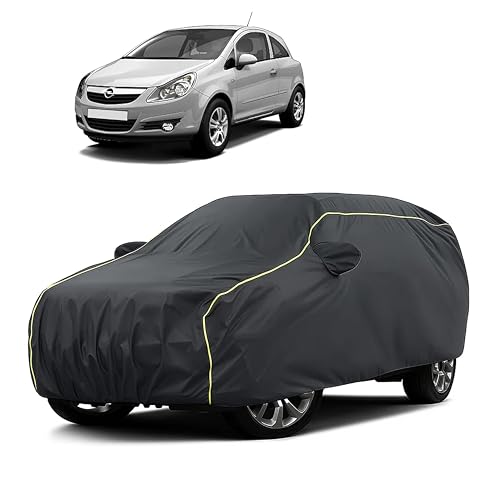 Image of Sulfar 100% Water Resistant Car Body Cover Compatible with Mirror for Opel Corsa (Triple Stitched, Full Bottom Elastic, Dark Grey Taffeta with Yellow Piping)