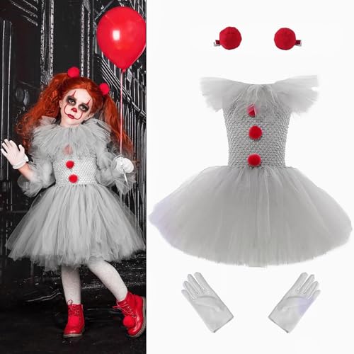 Hitburu 3 Piezas Disfraz de Halloween, Disfraz Niña Halloweens Vestido De Tul Disfrazs It con Guantes y Horquilla Red, Disfrazs Aterrador para Fiesta de Cosplay de Carnaval de Halloween
