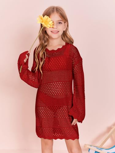 Image of Batermoon Girls Crochet Long Sleeve Swimsuit Cover Up Kids Fashion Hollow Out Swimwear Beach Dress 5-14 Years