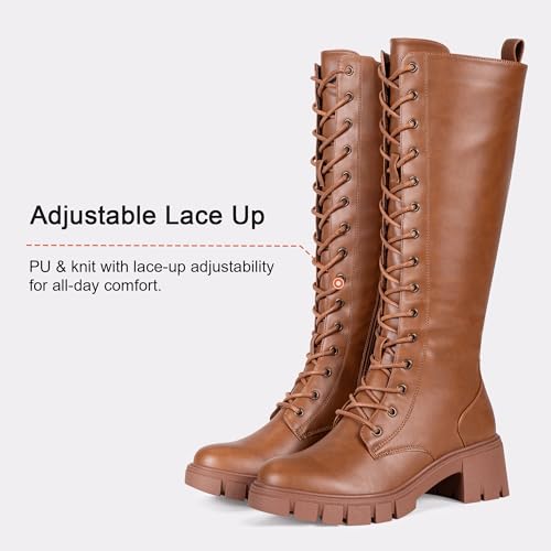 Image of Vepose Women's 953 Knee High Combat Boots Chunky Platform Heel, Lace Up Gothic Punk Work Boots for Dresses and Jeans
