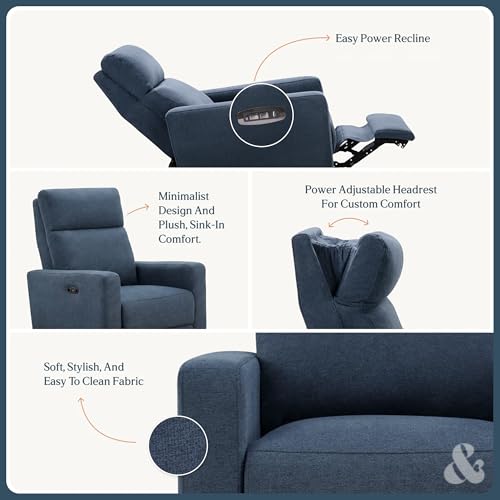 Nurture& The Glider Premium Power Recliner Nursery Glider Chair with Adjustable Head Support | Designed with a Thoughtful Combination of Function and Comfort | Built-in USB Charger (Navy)