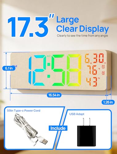 Image of MASHI 2026 Upgrade 17.3 inch Large Digital Wall Mount Clock, Digital Clock with Remote Control, Alarm, Big LED, RGB Color, DST, Temperature for Living Room,Classroom, Bedroom, Decor (Beige)