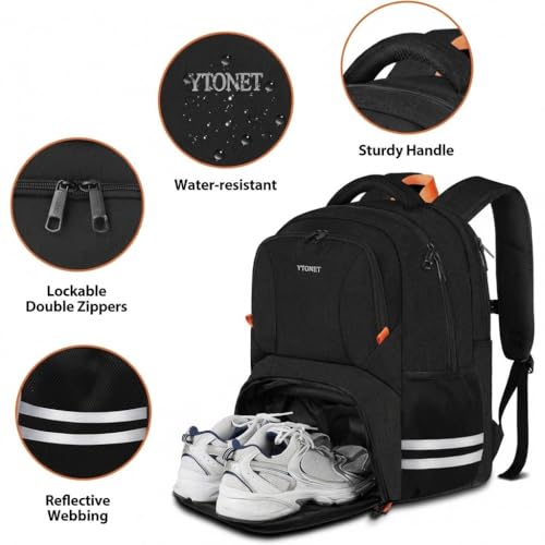 Image of Ytonet Gym Backpack for Men Women, Travel Sports Bag with Shoe Compartment | Large Workout Laptop Backpack Water Resistant Fits 15.6-Inch Laptop for College Camping Black