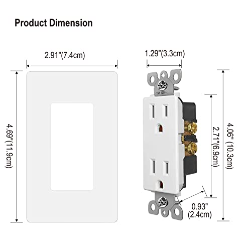[10 Pack] Bestten 15 Amp Decor Wall Receptacle, Standard Electrical Wall Outlet, Decorative Screwless Wallplate Included, 15A/125V/1875W, Ul Listed, White #TOP6