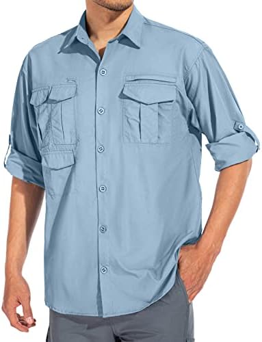 Mens Safari Shirt Fishing Hiking Clothes SPF 50 Sun Protection Long Sleeve Outdoor Quick Dry Vented Breathable Cool Utility Cargo Shirts (5068 Blue 3XL)