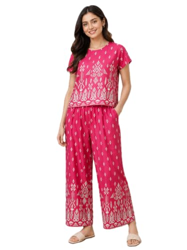 Image of Yash Gallery Women's Cotton Straight Geomatrical Printed Night Suit for Women