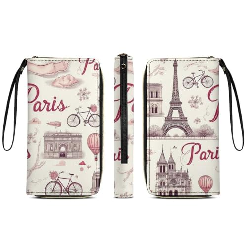 Fashion Decor Wallet, Long PU Zipper Wallet, Travel Purse Fashion Design, Huge Storage Capacity Purse With Rope Paris Pink Eiffel Tower3