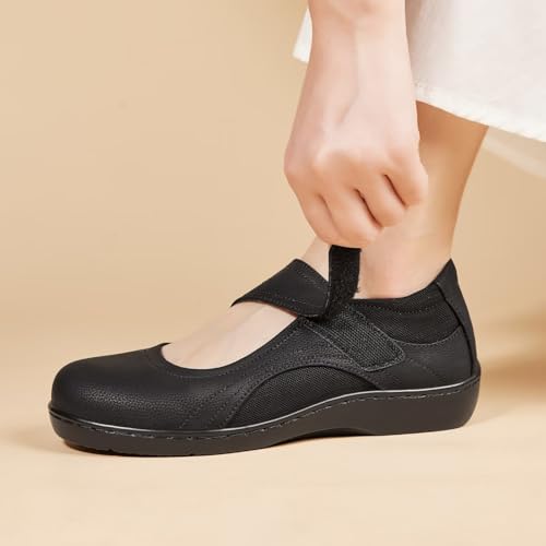 Image of Mary Jane Shoes Women Leather Orthopedic Flats Round Toe Casual Dress Shoes Non Slip Work Shoe with Memory Foam
