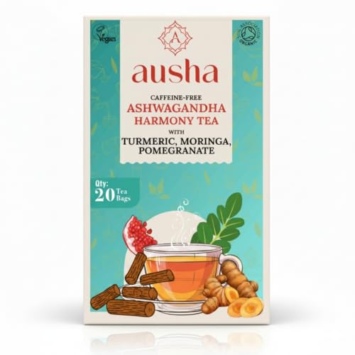 Ausha Ashwagandha Tea 20 Bags with Moringa Turmeric- Stress and Anxiety Relief Wellbeing Immunity Energy - Moringa Tea Turmeric Tea