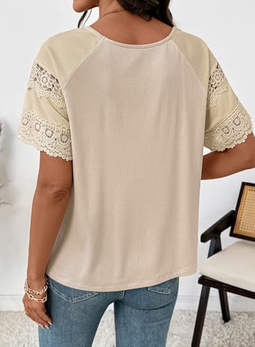 Image of EVALESS Womens Summer Tops Dressy Casual Spring Ribbed Texture Embroidery Short Sleeve Crewneck T Shirts