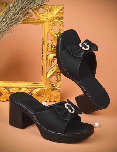 Image of TRYME Women's Comfortable Stylish Bow Detail with Crystal Stone Textured Block Heel Sandals